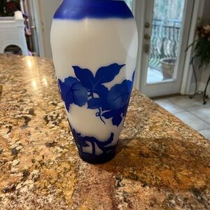 Reproduction Emile Galle vintage cameo blue and white glass vase